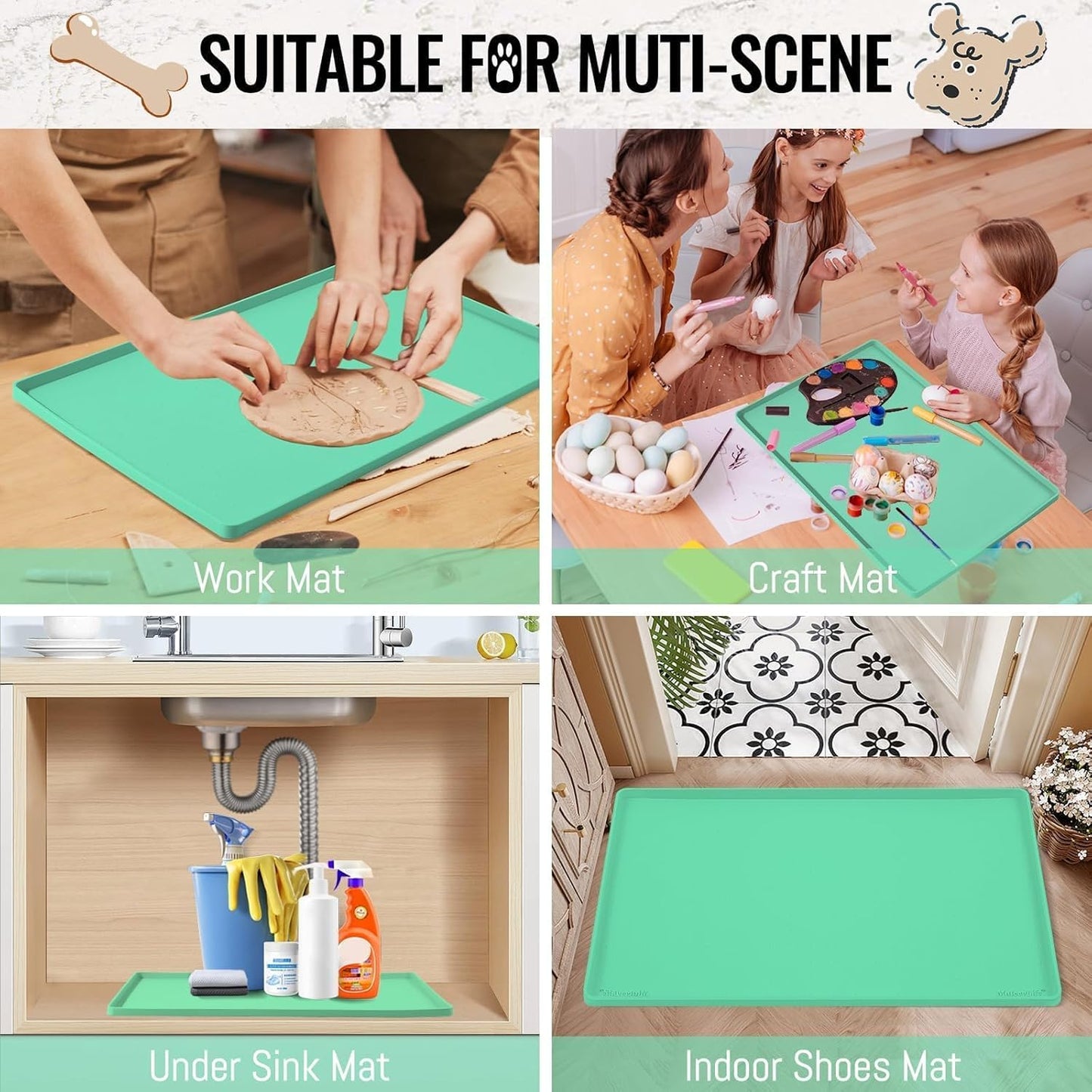 MateeyLife Silicone Cat & Dog Food Mat for Floors Waterproof, Anti-Slip Dog Bowl Mats for Food and Water, Pet Feeding Mats with Lip to Prevent Spills, Pet Placemat for Messy Drinkers to Protect Floors