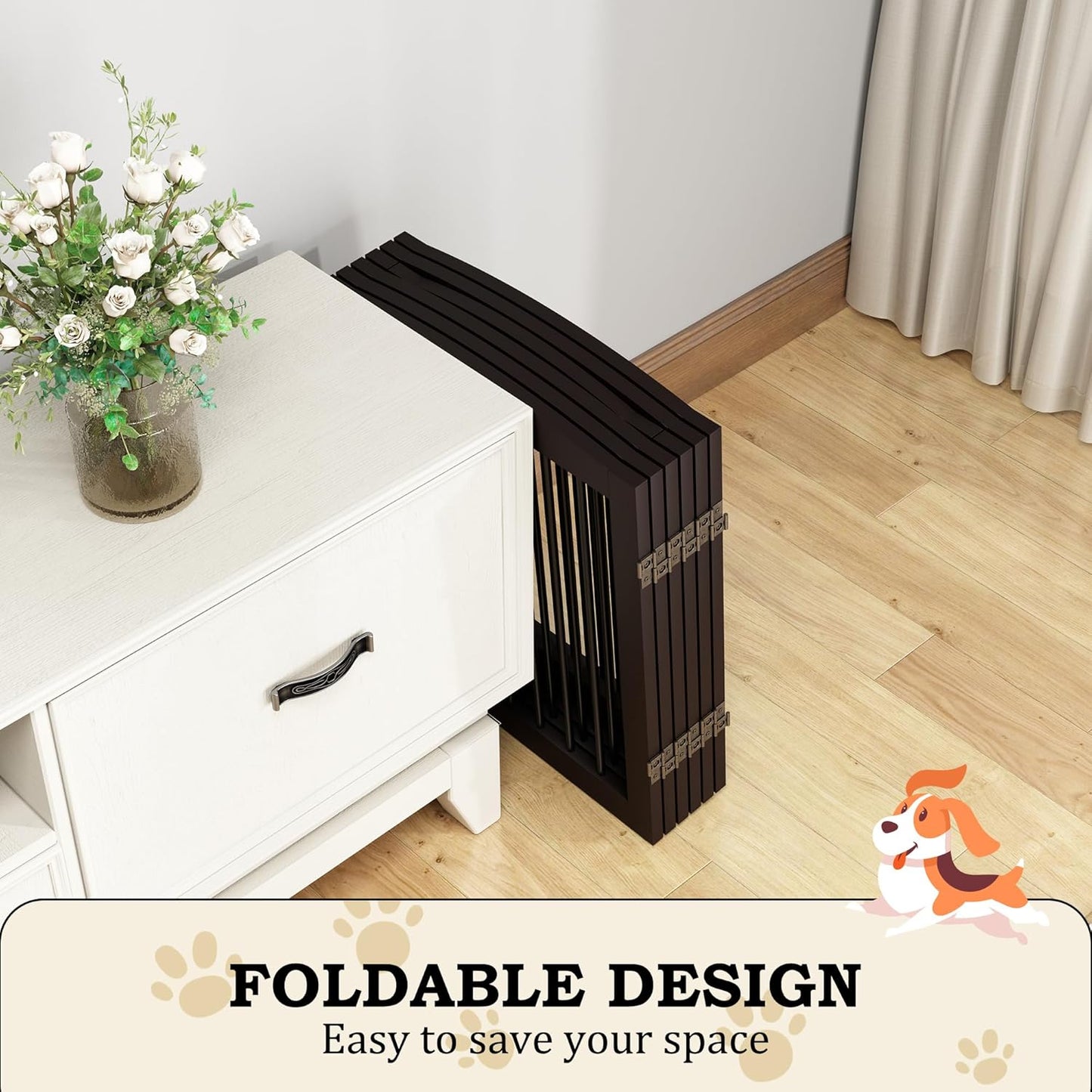 PUPETPO Freestanding Dog Gate with Door, Pet Gate for Stairs, 80 inch Wide Pet Barrier Indoor, Dog Fences Indoor, Support Feet Included, 4 Panels, 24" Tall, Dark Brown