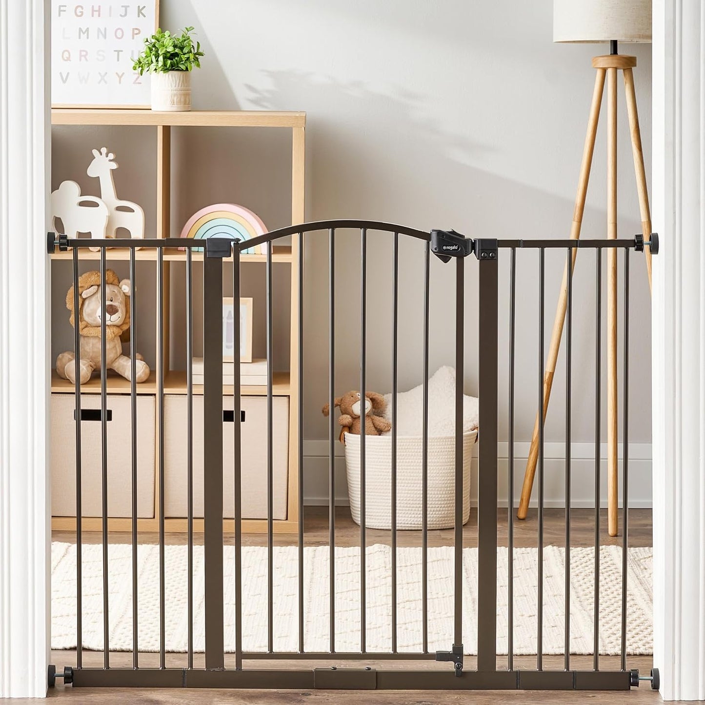 Regalo Safety 30.5-58" Extra Wide Arch Baby Gate with Door, Pressure Mount Walk Through Gate for Doorways & Bottom of Stairs, Babies, Toddlers & Pets, Tested & Safe, American Designed, American Owned