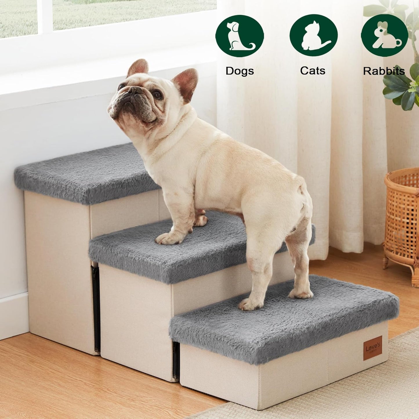 Love's cabin Dog Stairs with Storage 13" H, Foldable Pet Stairs for Small Medium or Large Dogs, Cat Puppy Steps Ramp with Zip up to 150 lbs, Solid Grey, 2 Steps