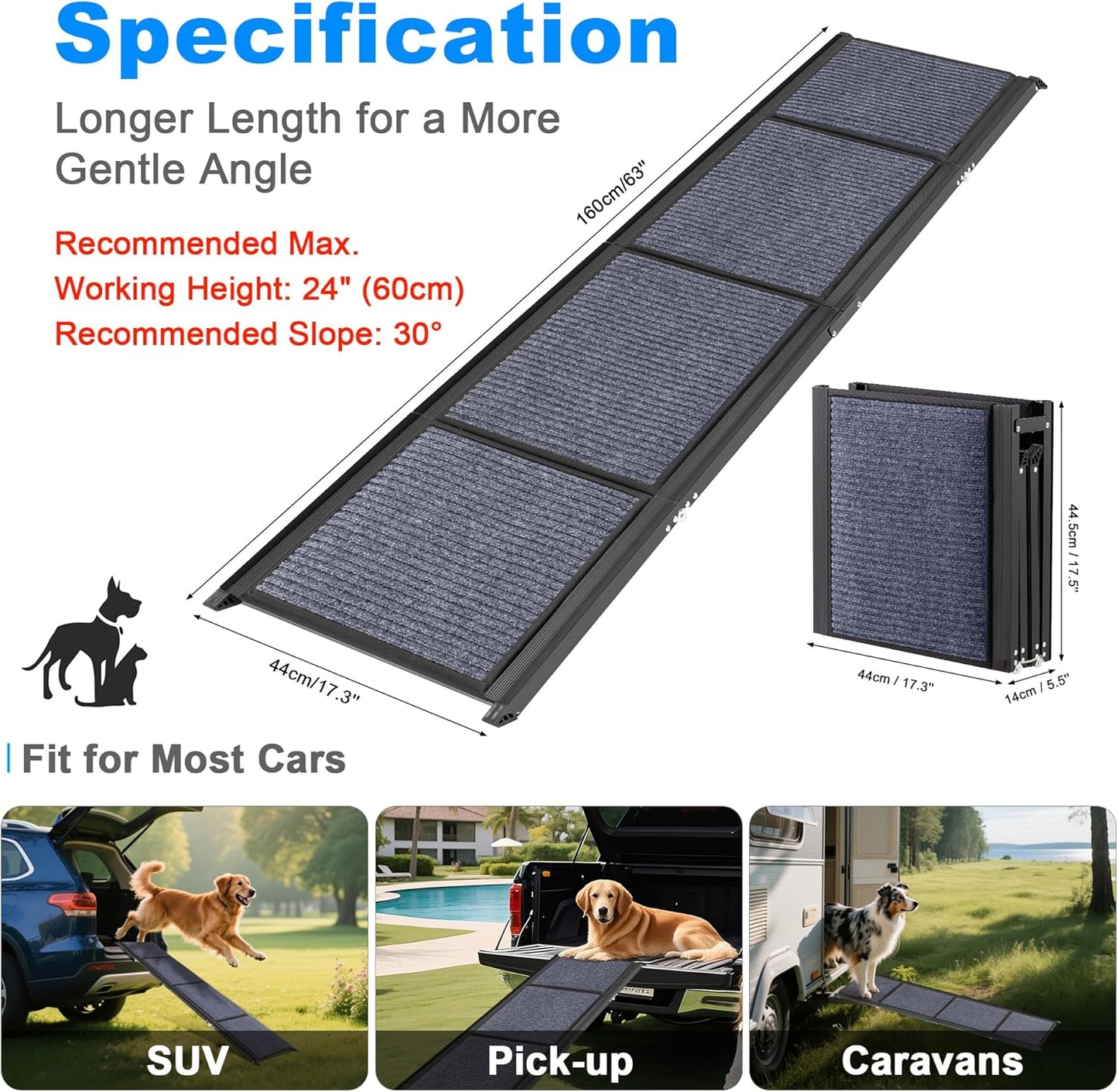 AQUILLA Dog Ramp for Car, 67" L x 17.3" W Foldable Portable Dog Ramp with Non-Slip Rug Surface, Outdoor Pet Ramp for Small & Large & Old Dogs, Get on SUV Car & Truck, Up to 250LBS