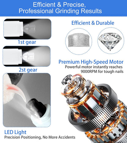 Electric Dog Nail Grinder with 2 Level LED Lights, 2 Speed 30dB Super Quiet and Low Vibration Turbo Charge Pet Nail Grinder for Small Dogs and Cats - White