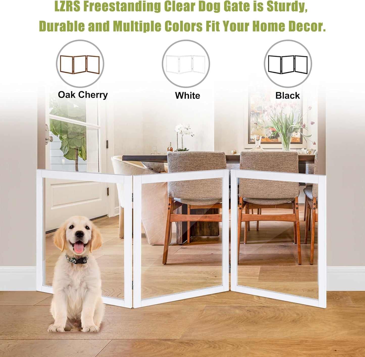 LZRS Clear Dog Gate for Indoor Use - Transparent Pet Fence with Solid Hardwood and Plastic Board, Stylish & Durable freestanding Pet Gate for Doorways, Stairs and Hallways-2 Panel Cherry