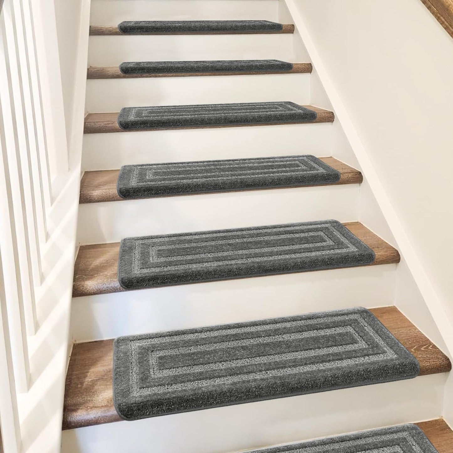 PURE ERA Bullnose Carpet Stair Treads Set Tape Free Non-Slip Indoor Stair Protectors Pet Friendly Rugs Covers Soft Skid Resistant Washable Reusable 9.5" x 30"(14 Pieces,Cream Gray)