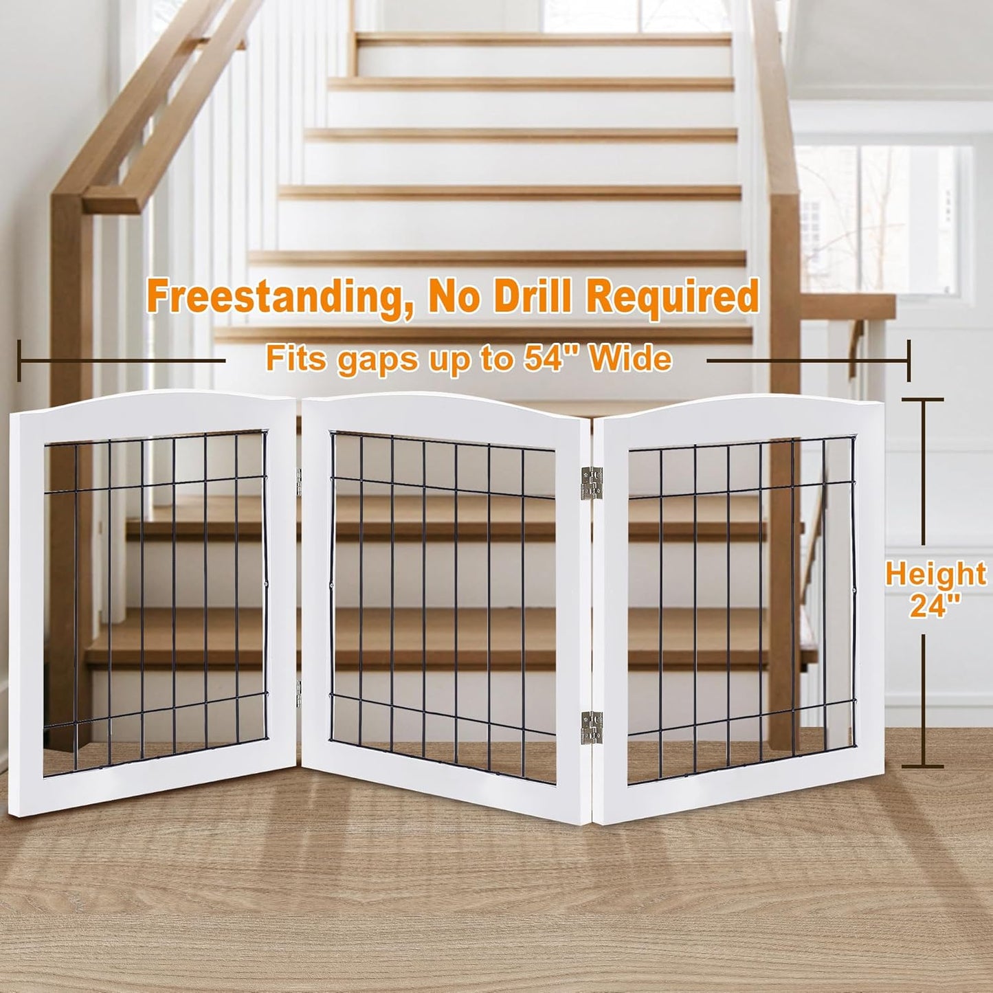LZRS 2-Panel Freestanding Foldable Wood Dog Gate – Solid Wood & Steel Wire, Chew-Resistant Pet Barrier for Indoor Use, Ideal for Small to Medium Dogs, White