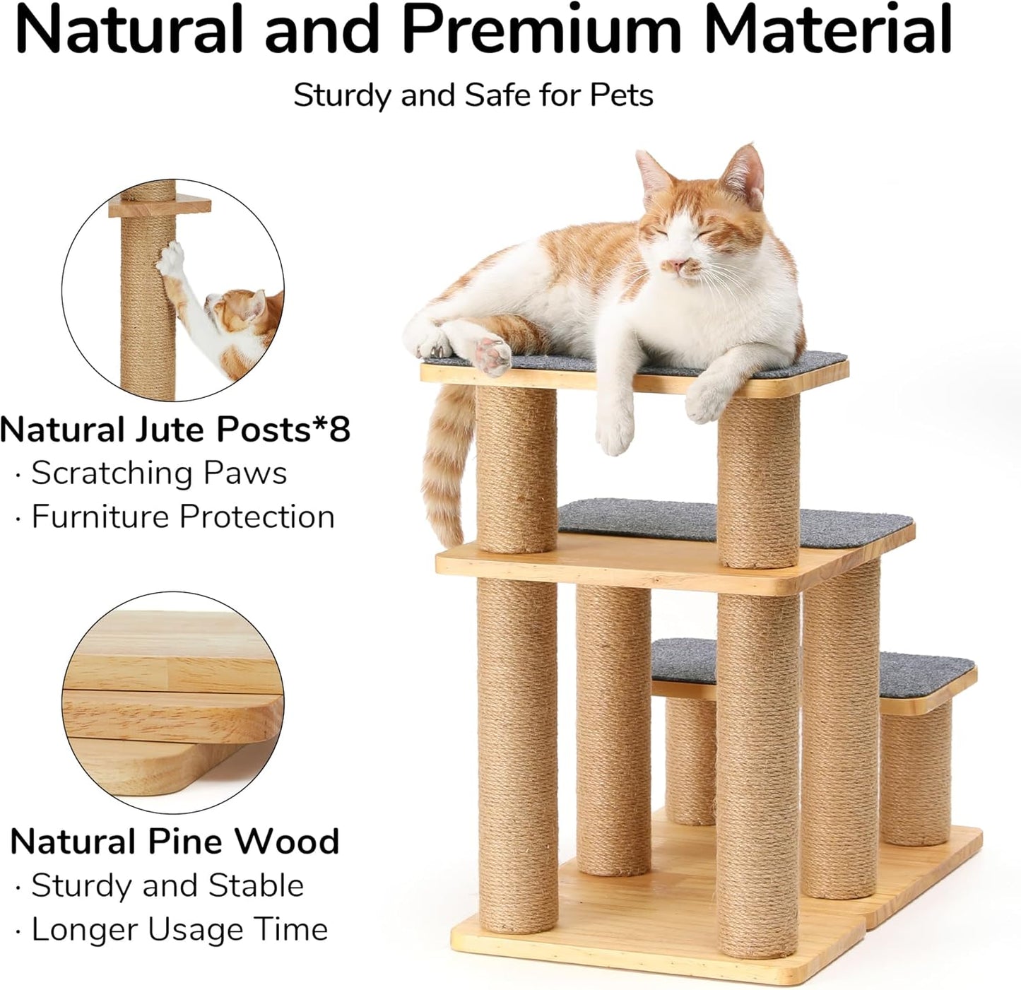 FUKUMARU 3-in-1 Pet Stairs, Retro-style Dog Steps for Cats and Small Dogs, Wooden Cat Stairs for High Bed with Scratching Post, Dog Ramp for Couch with Cat Condo Cave, Easy to Clean & Aesthetic Design