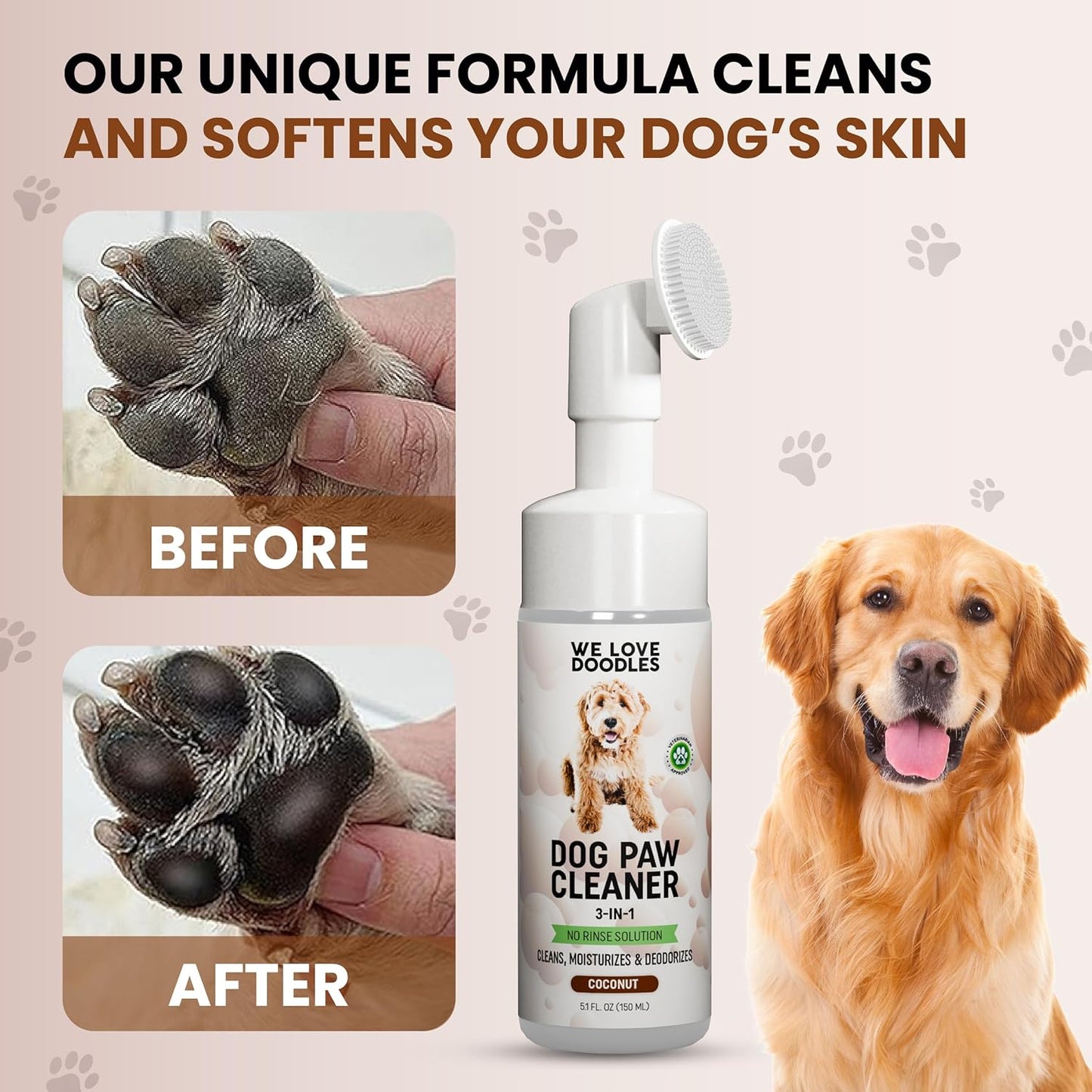 We Love Doodles No-Rinse Dog Paw Cleaner with Built-in Silicone Bristle Brush | 3-in-1 Dirty Paw Washer Foaming Foot Cleaner for Muddy Pet| Gentle Moisturizing Waterless Shampoo - Lavender | 5 fl oz