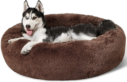 Bedsure Calming Dog Bed Medium Size Dog - Donut Washable Medium Pet Bed, 30 inches Anti-Slip Round Fluffy Plush Faux Fur Cat Bed, Fits up to 45 lbs Pets, Camel