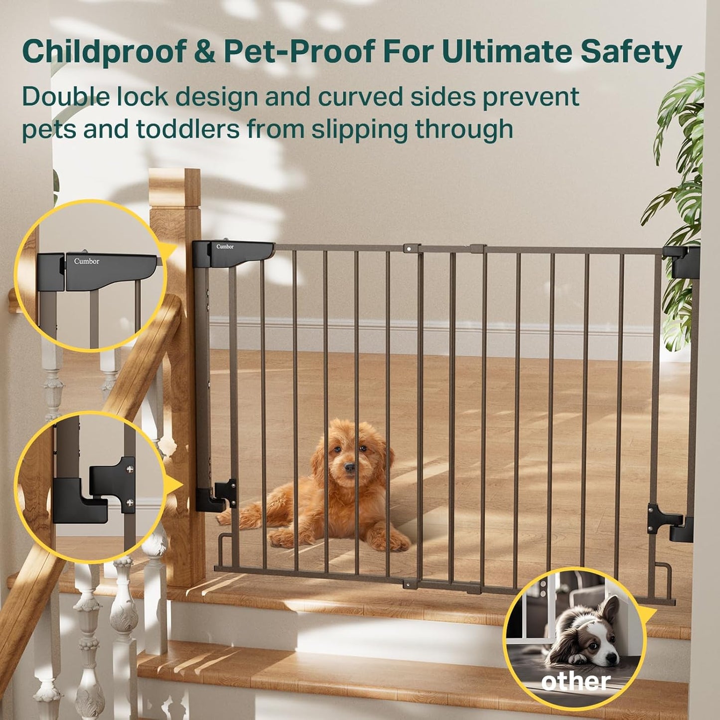 Cumbor 29.2–43" Baby Gate for Stairs, Hardware Mounted (Drill Required), Expandable No Bottom Bar Dog Gate, Auto Close Extra Wide Walk Thru, Pet & Toddler Proof Gate, Top & Bottom of Stairways(Black)