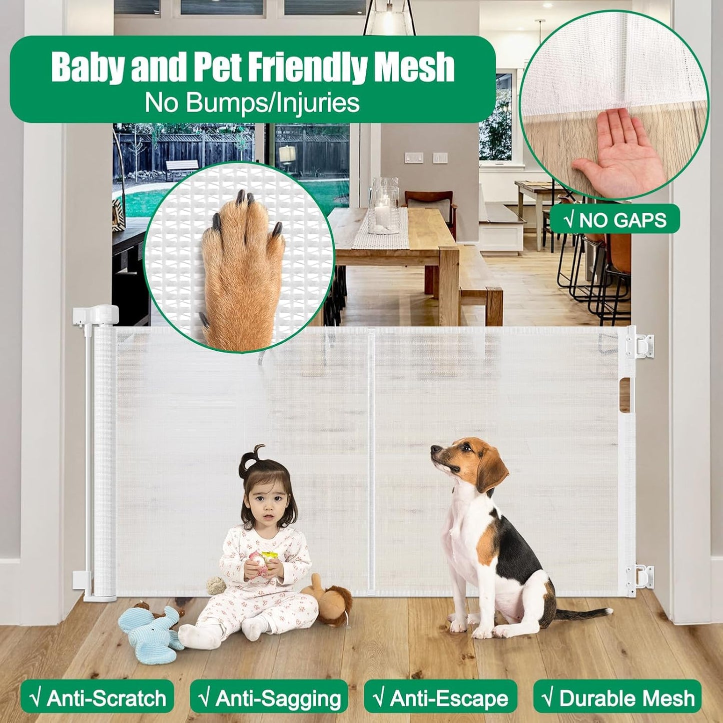 Reinforced 85 Inch Wide Retractable Dog Gate Extra Long Baby Gate with Support Rods – Prevent Crawling Under, Indoor Extra Wide Retractable Baby Gate Retractable Gate Outdoor Gates for Decks, White