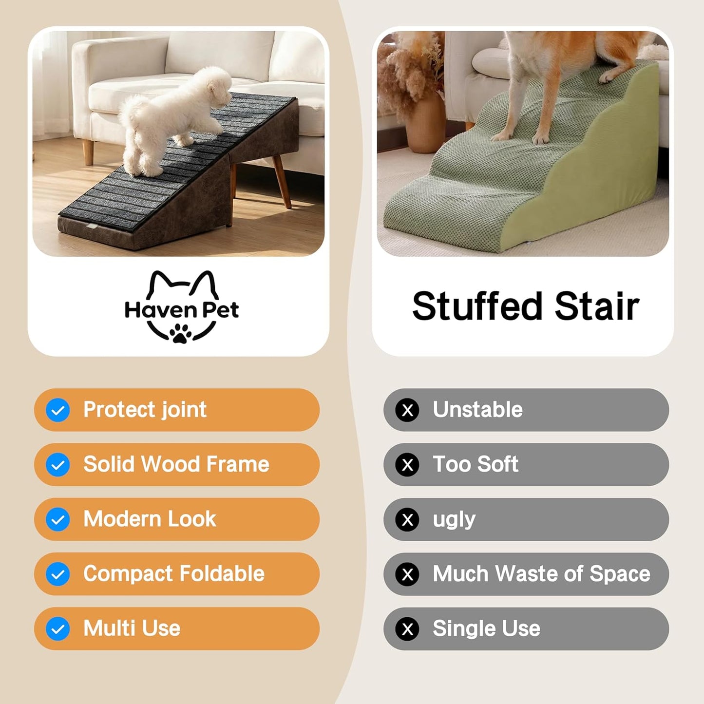2-in-1 Dog Ramp and Stairs for Bed and Couch, 17 Inch High,Foldable Ottoman Ramp with Non-Slip Replaceable Carpet, Joint Relief for Small and Large Dogs