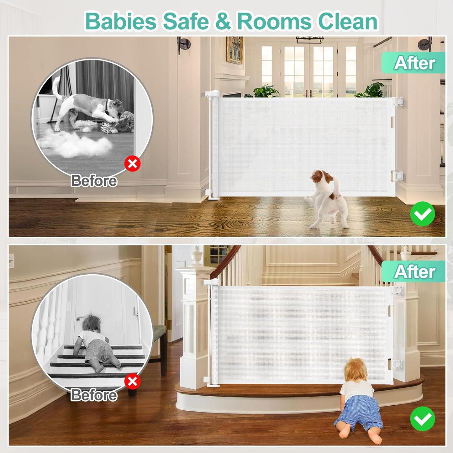 Upgrade 120 inch Retractable Baby Gates, EZIGO Extra Wide Baby Gate for Large Opening Extra Long Mesh Gate for Kids or Pet Dog Gate Child Safety Gate for Stairs Hallways Doorway Indoor Outdoor, Gray