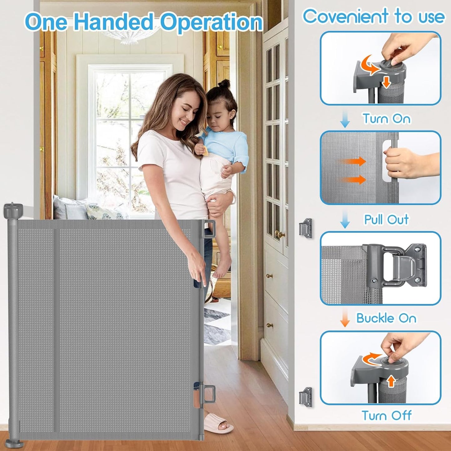 Upgrade 120 inch Retractable Baby Gates, EZIGO Extra Wide Baby Gate for Large Opening Extra Long Mesh Gate for Kids or Pet Dog Gate Child Safety Gate for Stairs Hallways Doorway Indoor Outdoor, Gray
