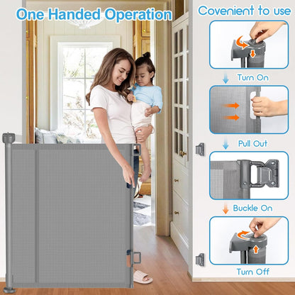 Upgrade 120 inch Retractable Baby Gates, EZIGO Extra Wide Baby Gate for Large Opening Extra Long Mesh Gate for Kids or Pet Dog Gate Child Safety Gate for Stairs Hallways Doorway Indoor Outdoor, Gray