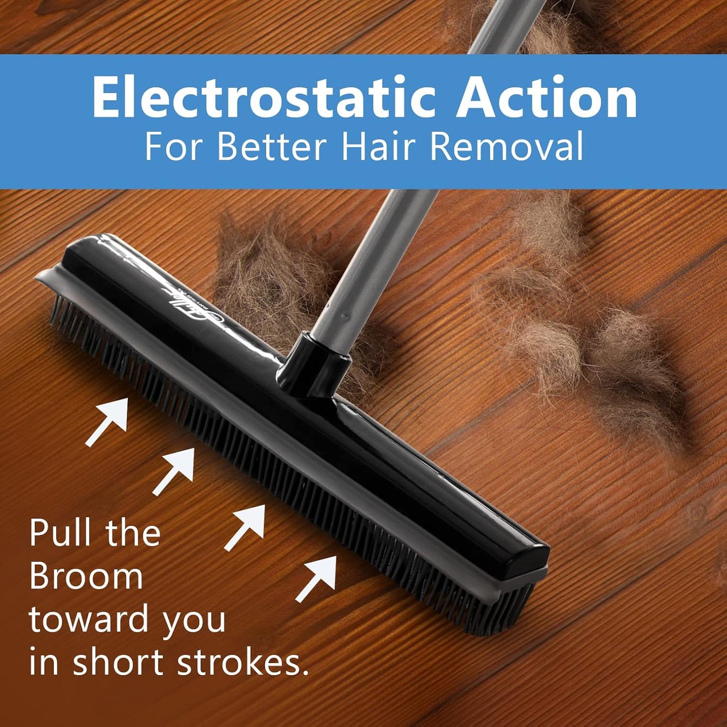 Fuller Brush Rubber Broom – for Carpets Floors Stairs Upholstery – Electrostatic Action Removes Pet Hair Lint Fuzz Dirt Particles – Built-in Squeegee Tackles Wet Messes (Complete Broom)