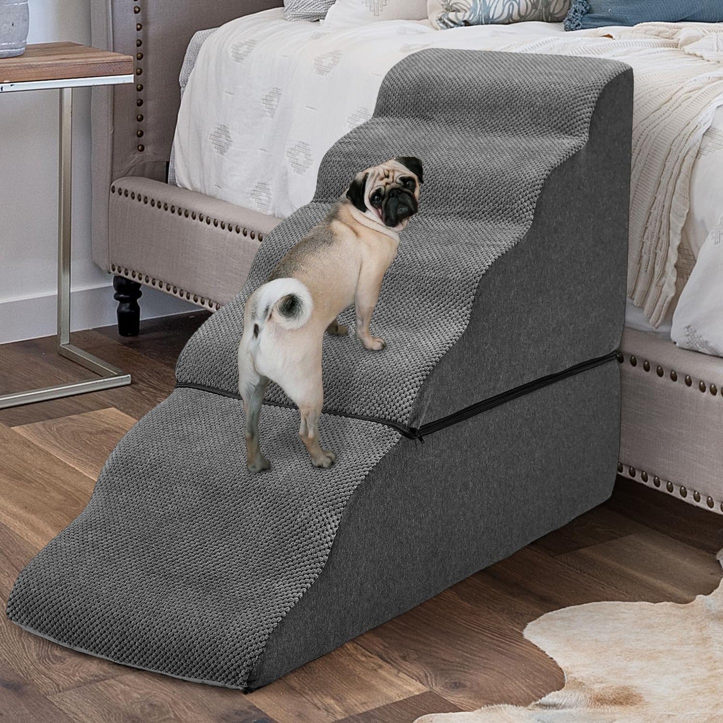 Dog Stairs for High Beds 30-36 inches Tall, 6-Step Dog Steps for Bed 32-36 inches for Small Large Dogs, Doggie Ramp for Bed, 30D Foam Pet Stairs for Old Dogs/Cats, Free-Installation, Grey
