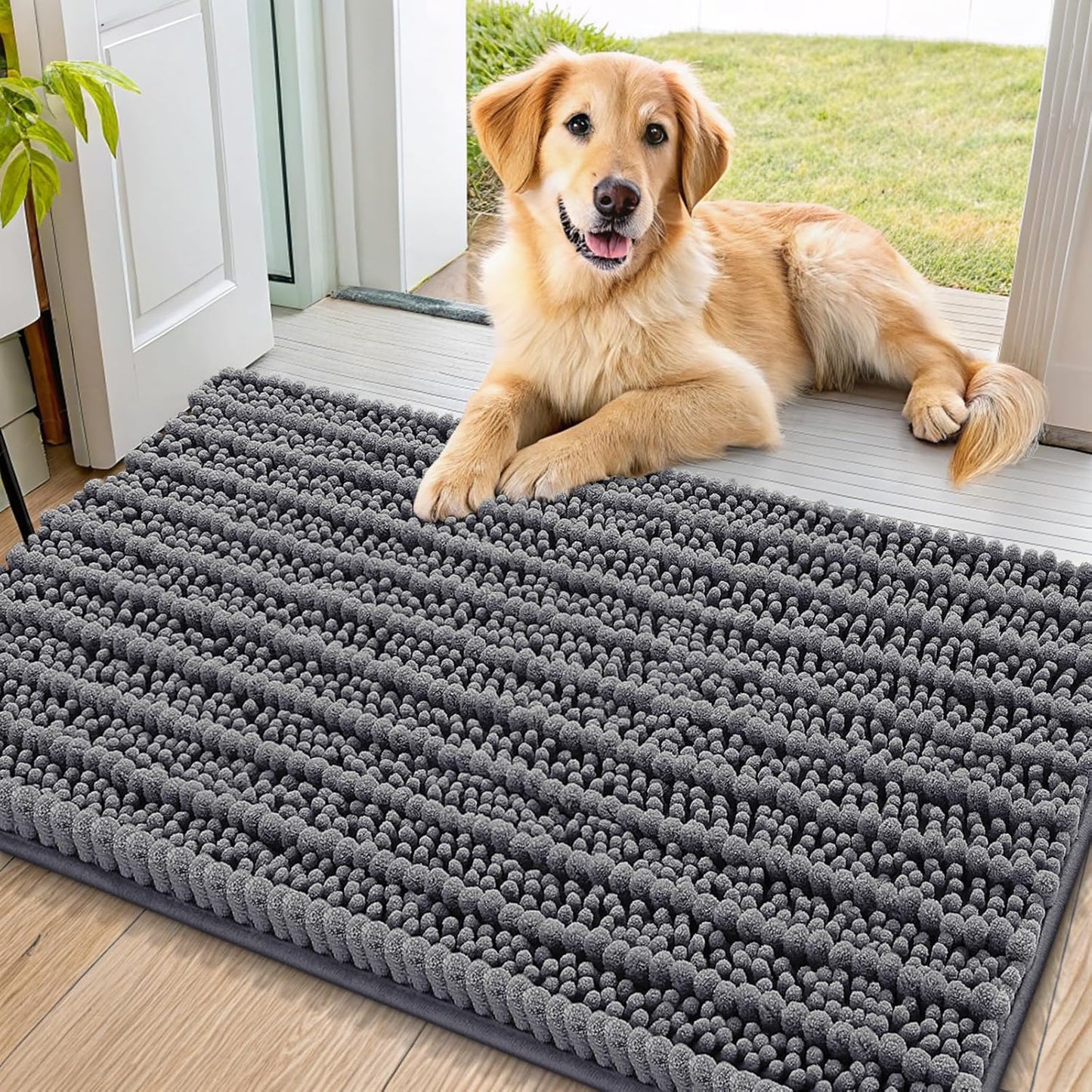 Smiry Dog Door Mat for Muddy Paws 30x20, Extra Soft Absorbent Chenille Doormat, Trap Moisture and Dirt, Non-Slip Machine Washable Front Door Mat for Indoor Entrance Inside Floor, Grey