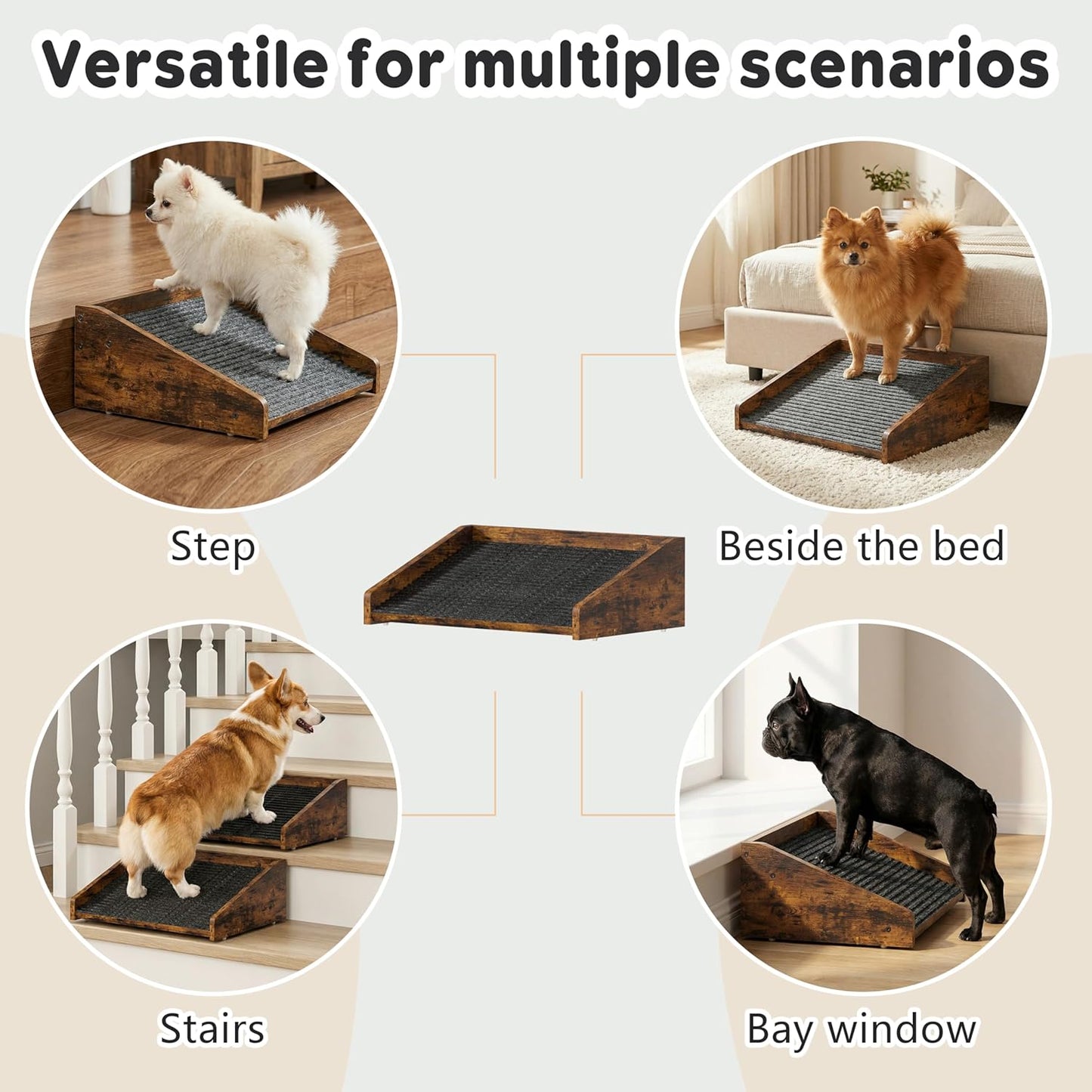 Megidok 2Pcs Low-Angled Wooden Dog Ramp for Stairs, Anti-Slip Carpet Surface Pet Steps, Sturdy Indoor Pet Stairs Ramp for Small Dogs & Cats, Assist for Injured Aged Pets Fits Staircase Steps