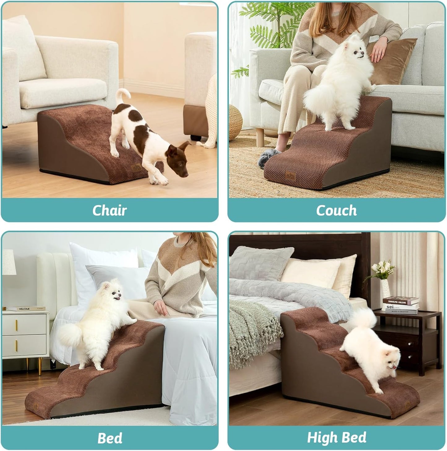 COZY KISS Dog Stairs for Small Dogs 15.7" H, Curved Dog Step for Puppy, Older Cat, Medium Pet Ramp for Sofa, Couch or Chair, Ladder with High Density Foam, 3 Step, 15.7x22.4x15.7 inch, Beige