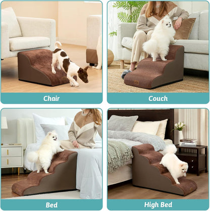 COZY KISS Dog Stairs for Small Dogs 15.7" H, Curved Dog Step for Puppy, Older Cat, Medium Pet Ramp for Sofa, Couch or Chair, Ladder with High Density Foam, 3 Step, 15.7x22.4x15.7 inch, Beige
