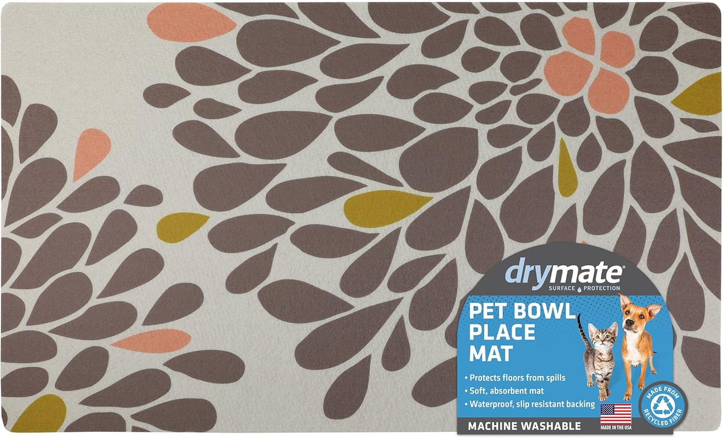 Drymate Pet Bowl Placemat, Dog & Cat Food Feeding Mat - Absorbent Fabric, Waterproof Backing, Slip-Resistant - Machine Washable/Durable (USA Made) (12” x 20”) (Indigo)