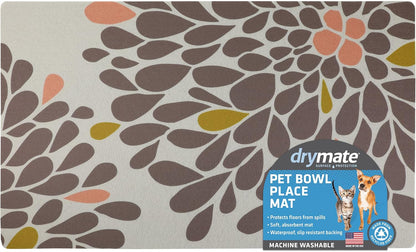 Drymate Pet Bowl Placemat, Dog & Cat Food Feeding Mat - Absorbent Fabric, Waterproof Backing, Slip-Resistant - Machine Washable/Durable (USA Made) (12” x 20”) (Indigo)