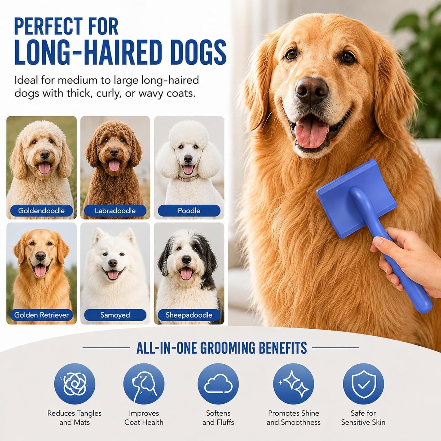 3PCS Slicker Brush for Dogs Set, 2 Professional Dog Grooming Brushes with 1 Stainless Steel Comb for Goldendoodles, Poodles & Labradoodles, Removes Mats, Knots & Loose Hair (Large, Blue&Blue)