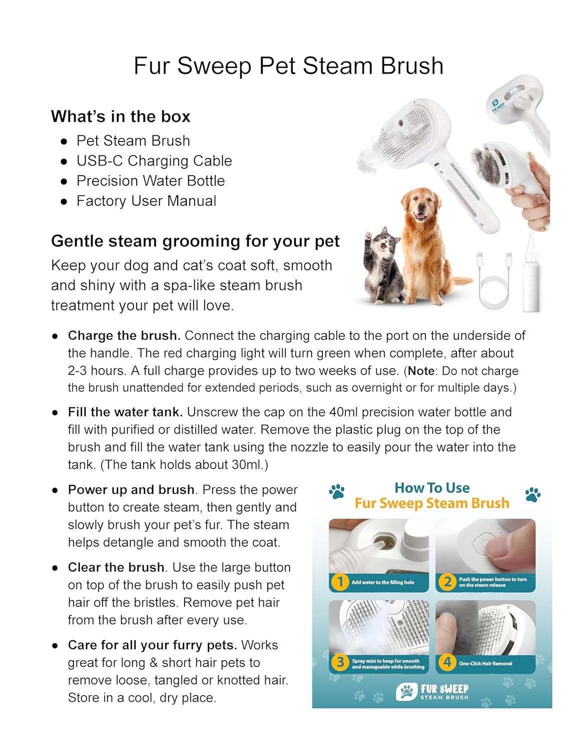 Fur Sweep Steam Brush For Dogs Comb for Grooming Cat Brush For Shedding, Self Cleaning Deshedding Tool, Anti Static Mist, Rechargeable, Slicker Comb for Long and Short Haired Pets, Gentle Fur Remover