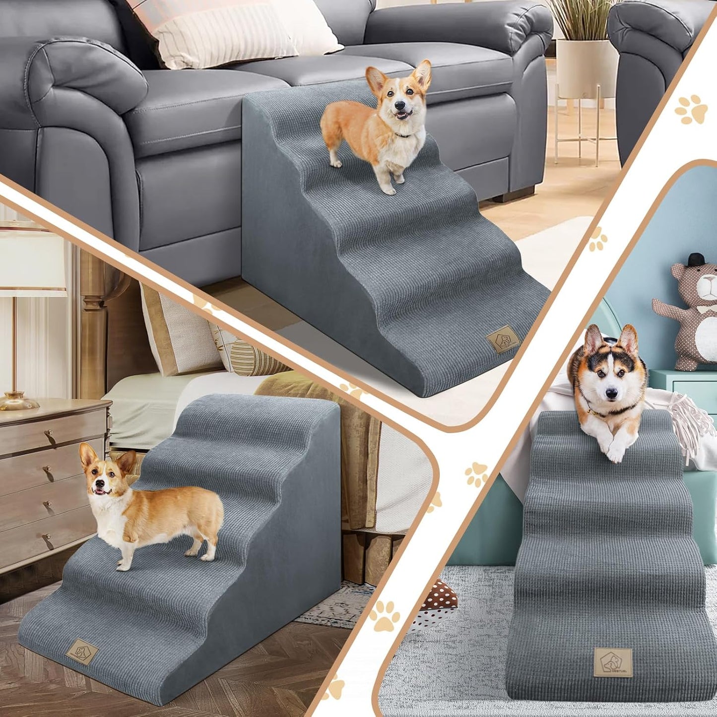 Mestuel 2-Tiers Extended Dog Stairs Steps for Couch Sofa, Dog Stairs for Small Dogs, Pet Stairs Ramp Ladder Friendly to Small Old Joint Injury Dogs Cats,Non-Slip & Washable,Blue