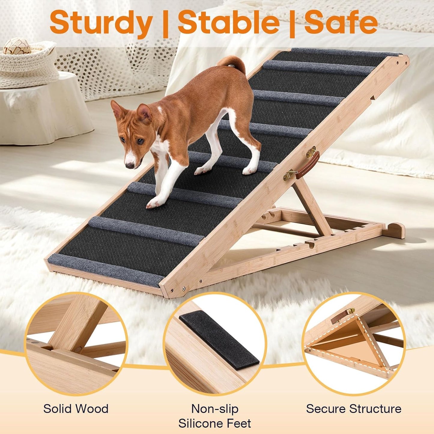 Dog Ramp for Bed - Extra Wide 17’’, Non-Slip Rubber Surface Excellent Traction, Pet Ramp for Small Large Dogs to Get on High Couch Car, Hold up to 200lb, Adjustable, Foldable