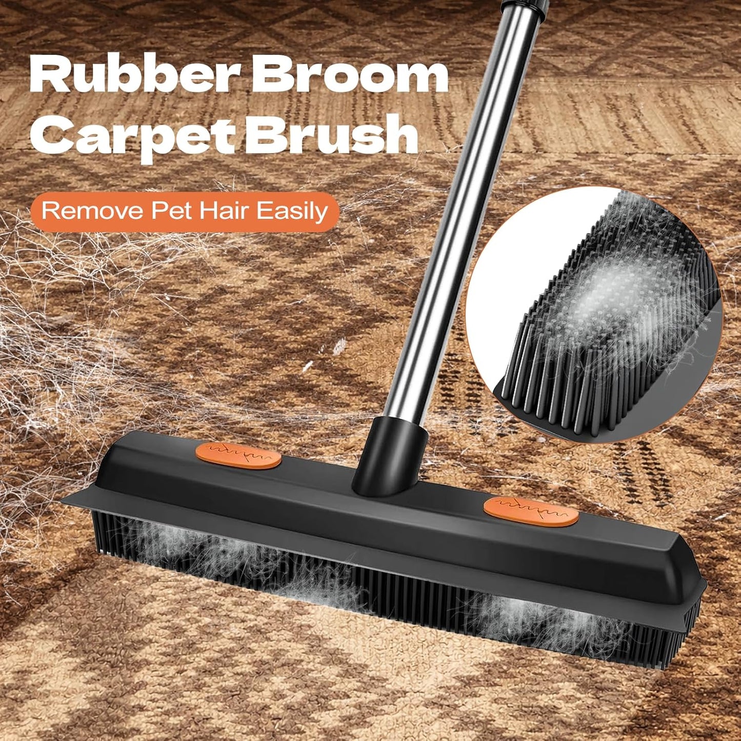 FUNNSOO Rubber Broom with Squeegee for Pet Hair Removal, 52" Adjustable Carpet Rake, Reusable Floor & Carpet Cleaning Tool, Includes Microfiber Cloth and Pet Hair Comb
