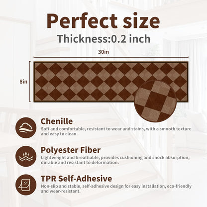 Non-Slip Stair Treads for Wooden Steps 15pcs,8"x30" Stair Carpet Treads for Indoor Use,Peel and Stick Stair Runners,Washable Reusable Adhesive Backing,Pet-Friendly Stair Capet for Kids,Elders,Dogs