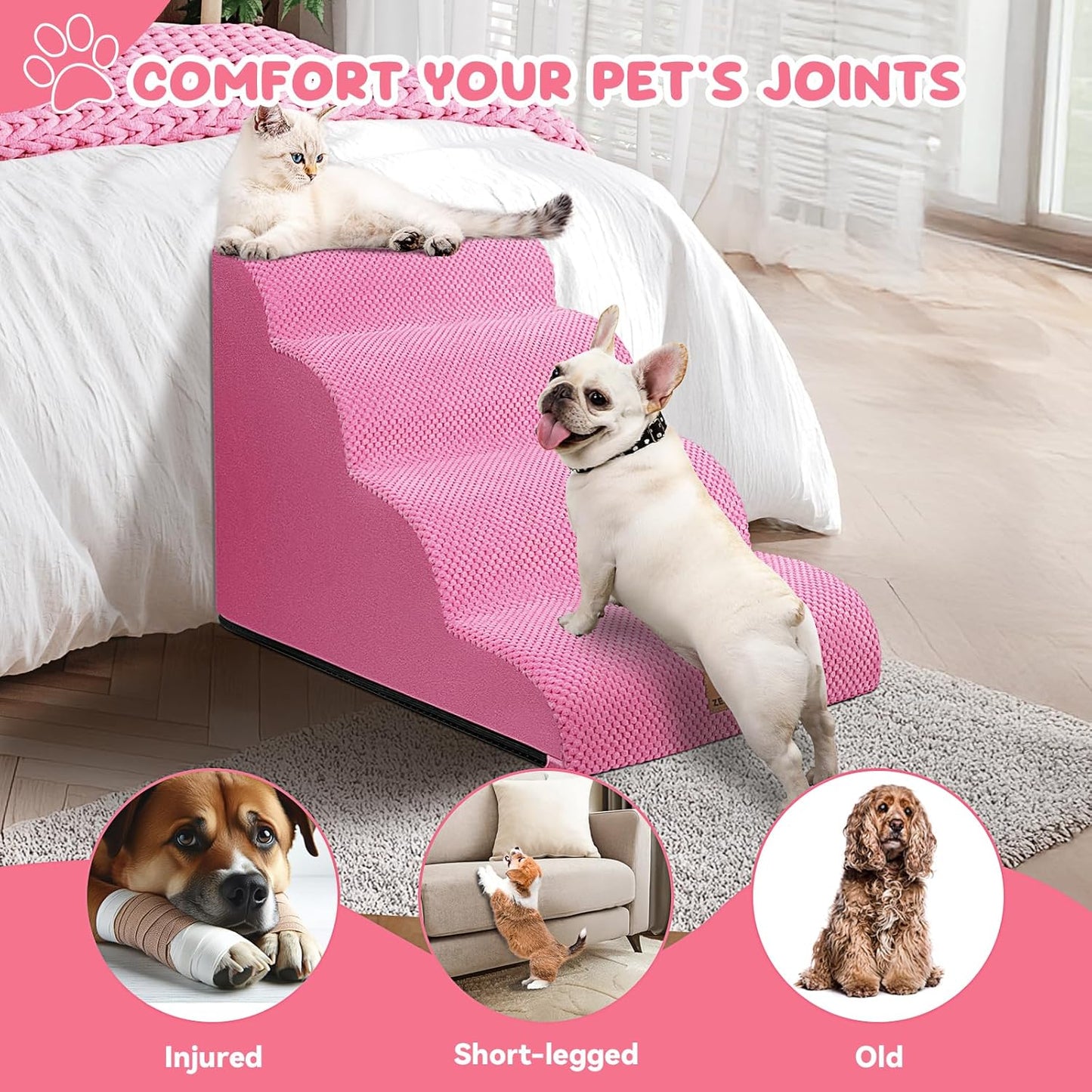 Zerbuger Dog Ramp and Stair for Bed 16" H-20 H,3-Step Cat Stair for Sofa and Chair,4-Step Dog Ramp for High Bed and Window,Durable Nonslip Fabric Cover for Indoor (Coffee-16 H, Pet Friendly, 3)