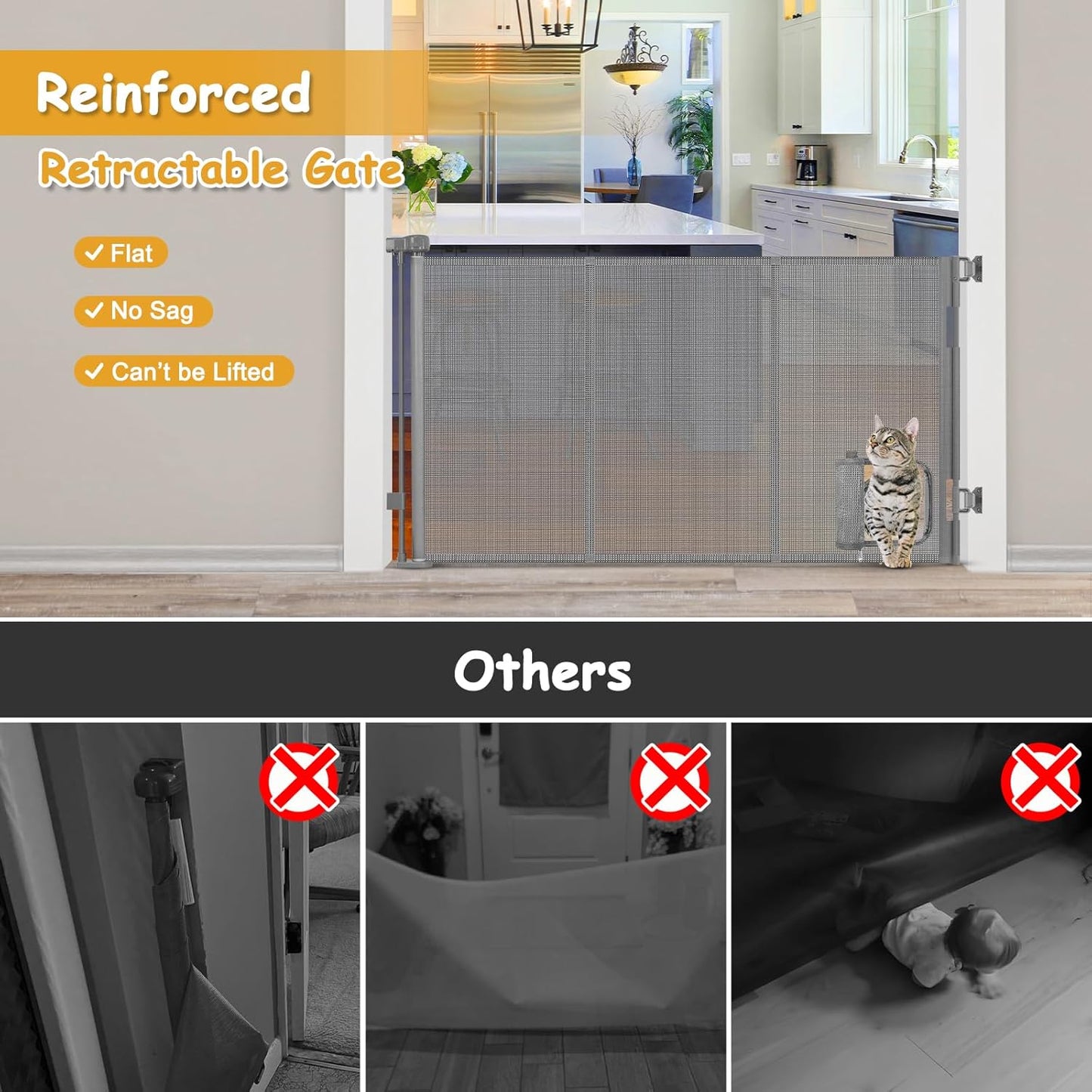 Reinforced 60” Wide Retractable Dog Gate with Cat Door Gates for Pets with Reinforced Strips 33” Tall Mesh Baby Gate Retractable Pet Gates for Dogs Indoor with Door Cats Can in and Out Freely, Gray