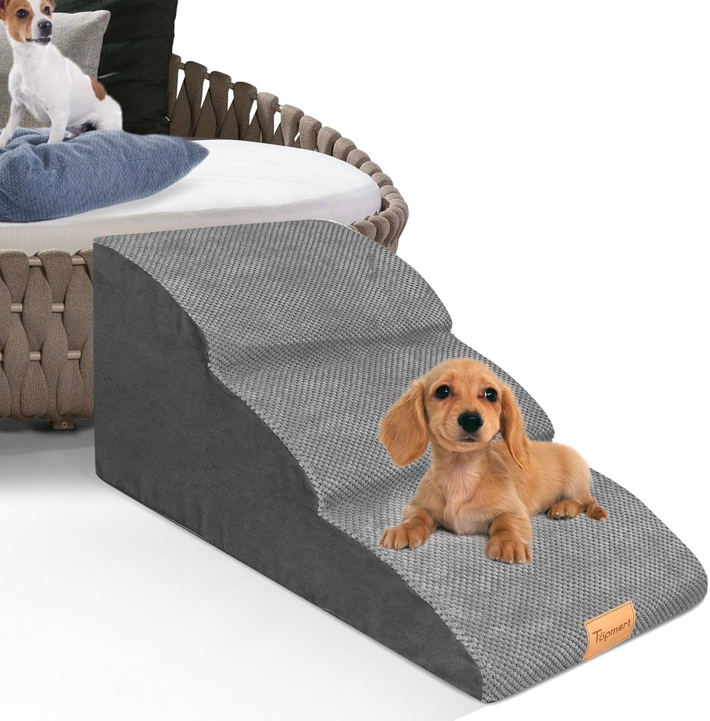 Topmart High Density Extended Foam Dog Ramp&Steps 2 Tiers,11.8" High,Non-Slip Dog Stairs,Soft Foam Pet Ladder with Removable Cover,Best for Injured,Older Cats,Pets with Joint Pain