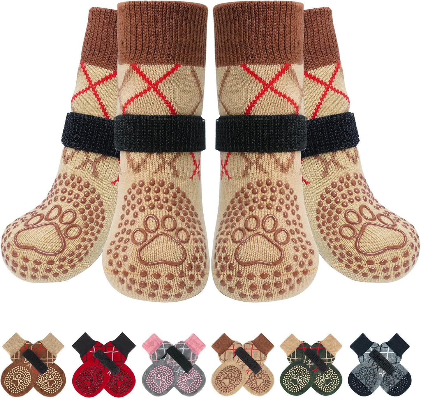 BEAUTYZOO 6PCS Dog Socks to Prevent Licking Paws, Anti Slip Dog Shoes for Hot Pavement Hardwood Floors, Traction Control Toe Grips Boots & Paw Protectors for Small Medium Large Senior Dogs, Grey S