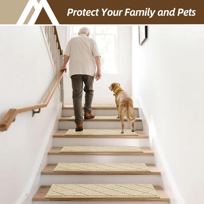 COSY HOMEER Edging Stair Treads Non-Slip Carpet Mat 28inX9in Indoor Stair Runners for Wooden Steps, Edging Stair Rugs for Kids and Dogs, 100% Polyester TPE Backing (7pc, Beige)