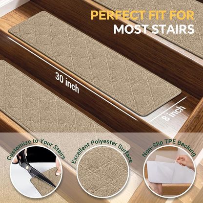 Stair Treads Non-Slip for Wooden Steps, 15Pack - 8" x 30" Edging Stair Runner Indoor for Kids Elders & Pets, Washable Carpet Stair Treads with Peel & Stick Reusable TPE Backing, Beige