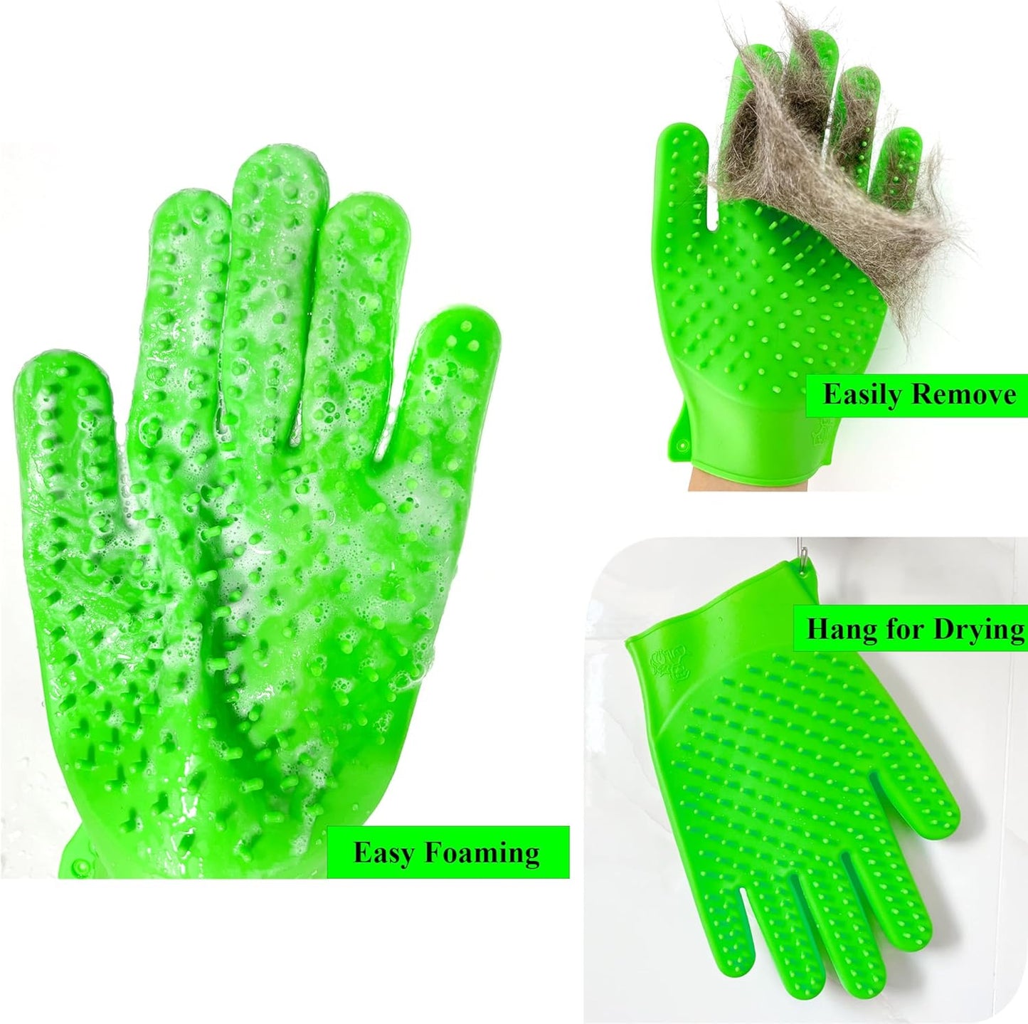 Pet Grooming Bath Gloves - Double Sided Silicone Hair Removal Mitts for Dogs & Cats, Deshedding & Bathing Brush 2-in-1 for Wet/Dry Use - 2 Pack