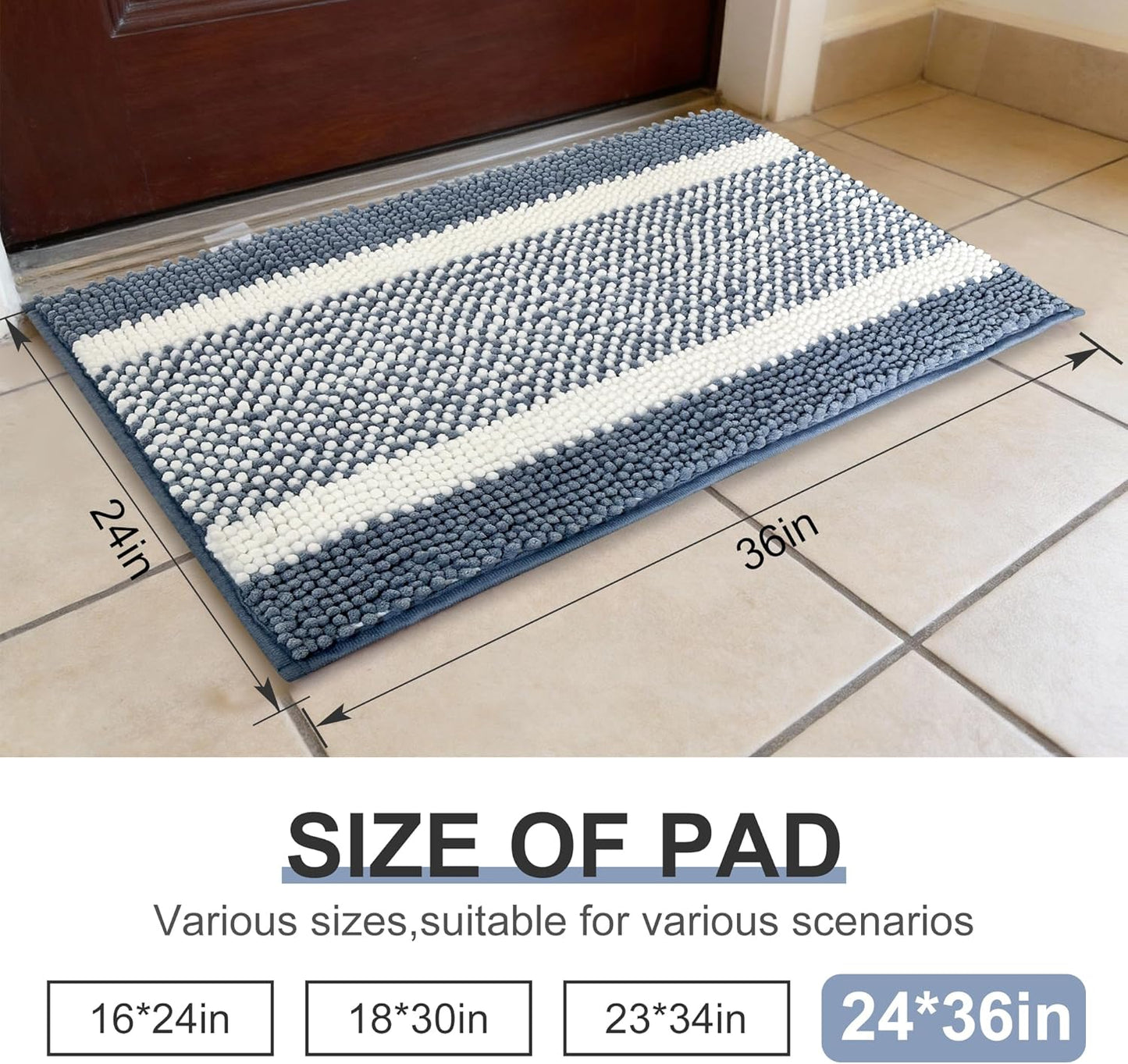 pobopobo Dog Door Mat for Muddy Paws - Absorbent & Washable Chenille Rug, Non-Slip Dirt Trapper for Indoor Outdoor Entryway, Quick Dry Pet Mat for Muddy Dogs (Striped Gray-Blue&White, 24" x 16")