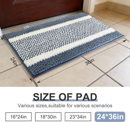 pobopobo Dog Door Mat for Muddy Paws - Absorbent & Washable Chenille Rug, Non-Slip Dirt Trapper for Indoor Outdoor Entryway, Quick Dry Pet Mat for Muddy Dogs (Striped Gray-Blue&White, 24" x 16")
