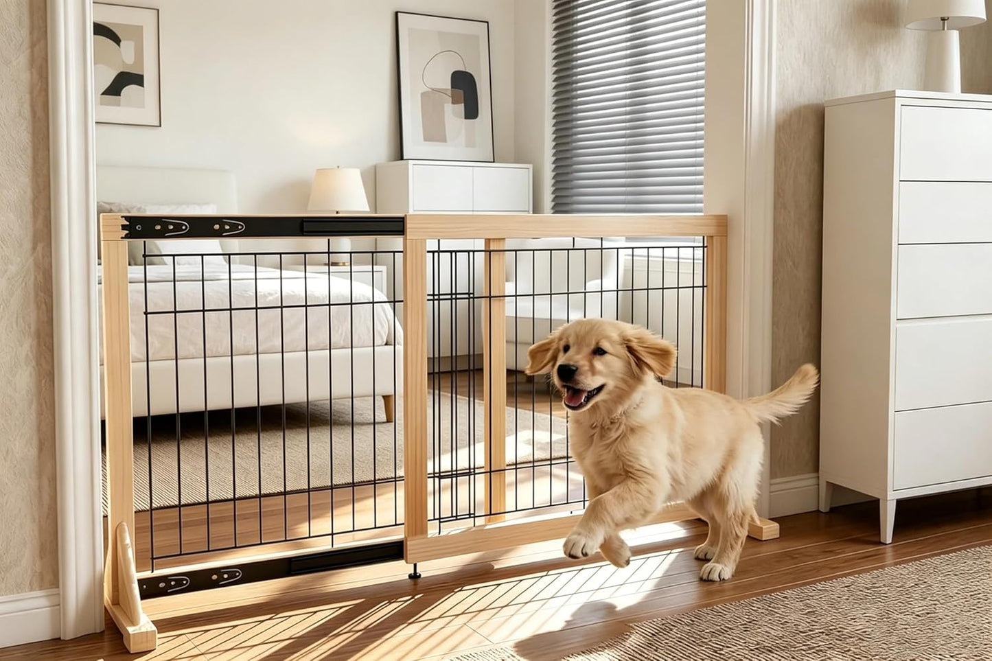 Extra Wide Freestanding Dog Gate, Adjustable Width 31.5"–61", 19.7" Tall Indoor Pet Gate for Kitchen, Living Room & Stairs, Wooden Metal Frame No-Drill Pet Barrier