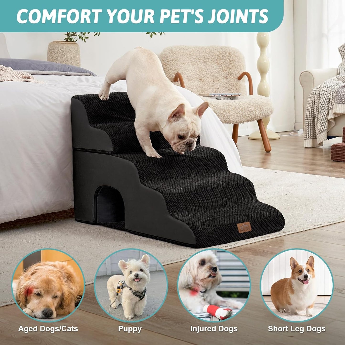 COZY KISS Extra Wide Dog Stairs with Tunnel, Foam Detachable Large Dog Step for Small Pet, Puppy or Cats, Medium Pet Ramp for High Bed, Couch, Sofa or Car, 19.7x33x22.4 inch, 5 Step, Beige