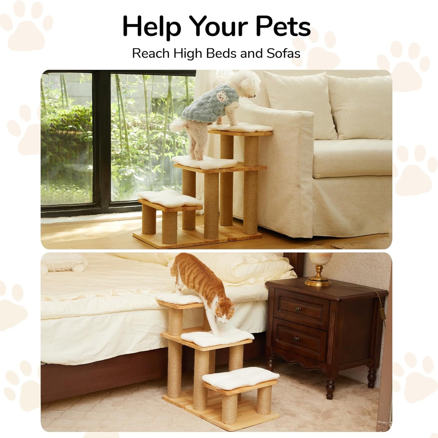 FUKUMARU 3-in-1 Pet Stairs, Retro-style Dog Steps for Cats and Small Dogs, Wooden Cat Stairs for High Bed with Scratching Post, Dog Ramp for Couch with Cat Condo Cave, Easy to Clean & Aesthetic Design