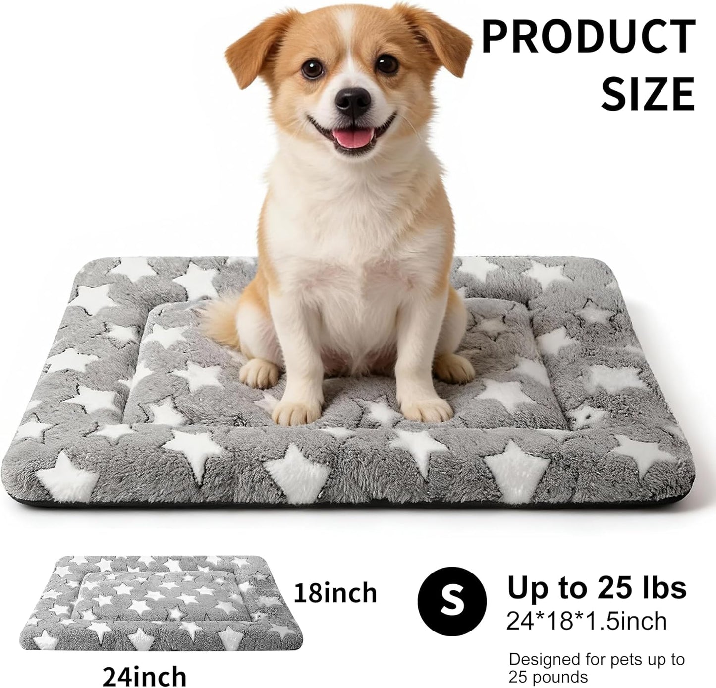 Dog Bed Mat, Reversible Crate Pad & Cute Dog Bed - Machine Washable Kennel Mat with Ultra Soft for Small Dogs (Cool/Warm), 24" x 18", Grey&Star