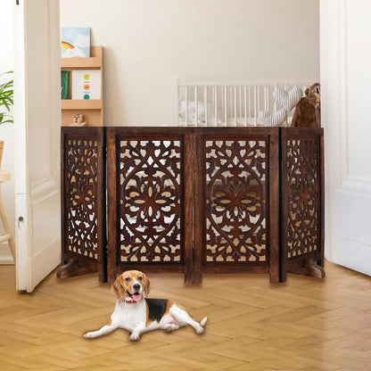 Freestanding Pet Gate for Dogs, Foldable Wooden Dog Gate for House, Indoor Dog Gate for Stair, Doorway, House Design Gates for Dogs Indoor, 72 Inch Wide, (18" x4 Panels 72 inch), Burnt Finish