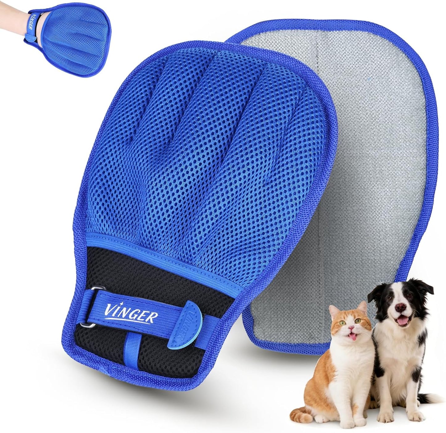 VINGER Pet Hair Removal Glove for Cats & Dogs, Electrostatic Pet Hair Gloves with Adjustable Wristband, Five-Finger Magic Brush Remover Tool for Laundry, Carpet, Couch, Car Seats & Clothing (Black)