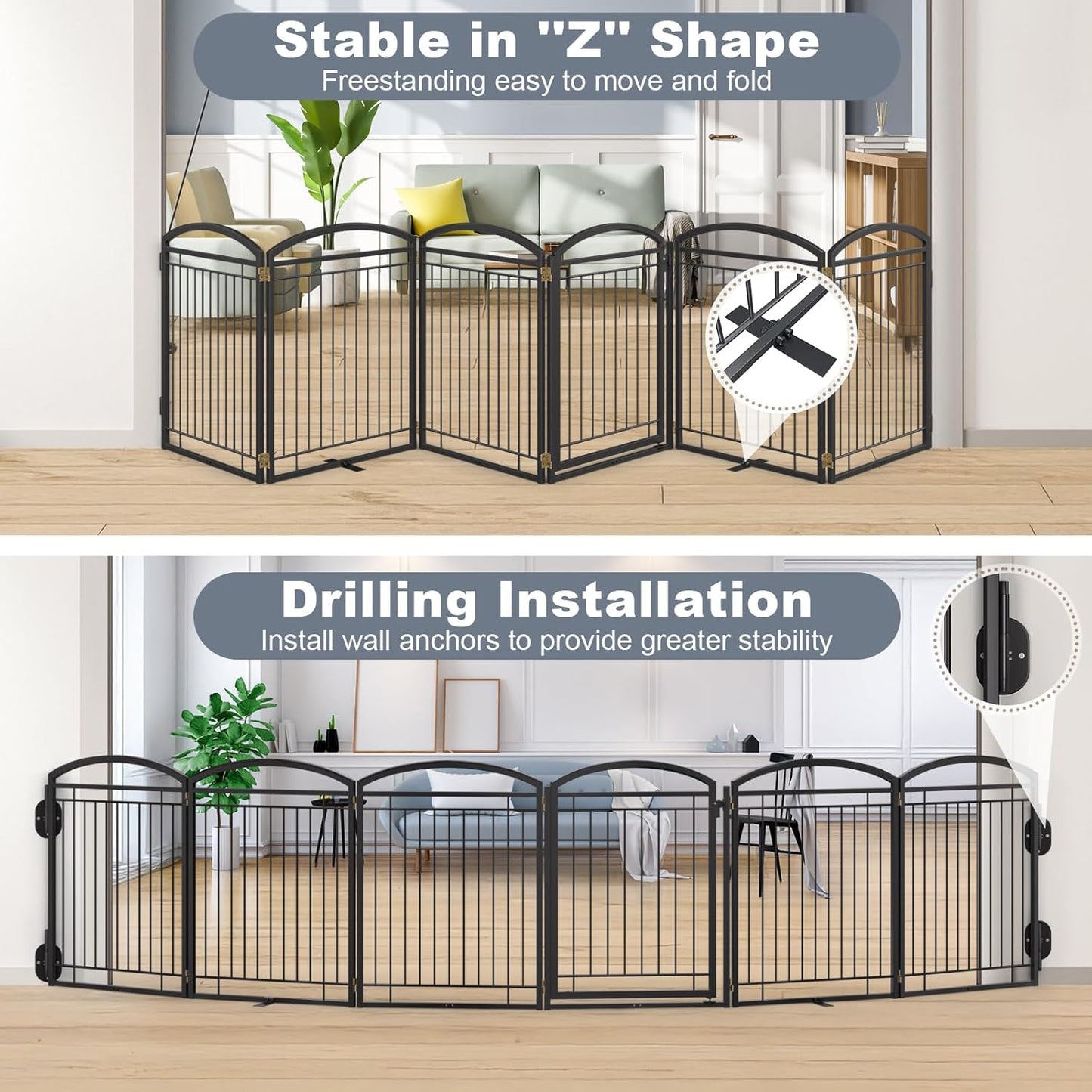 Full Metal Free Standing Dog Gate with Door for Indoor & Outdoor,96'' Extra Wide 32'' Tall Dog Gate for The Doorways,Large Openings,Decks,Porch,Pet Freestanding Safety Fence(4 Panels,Black)