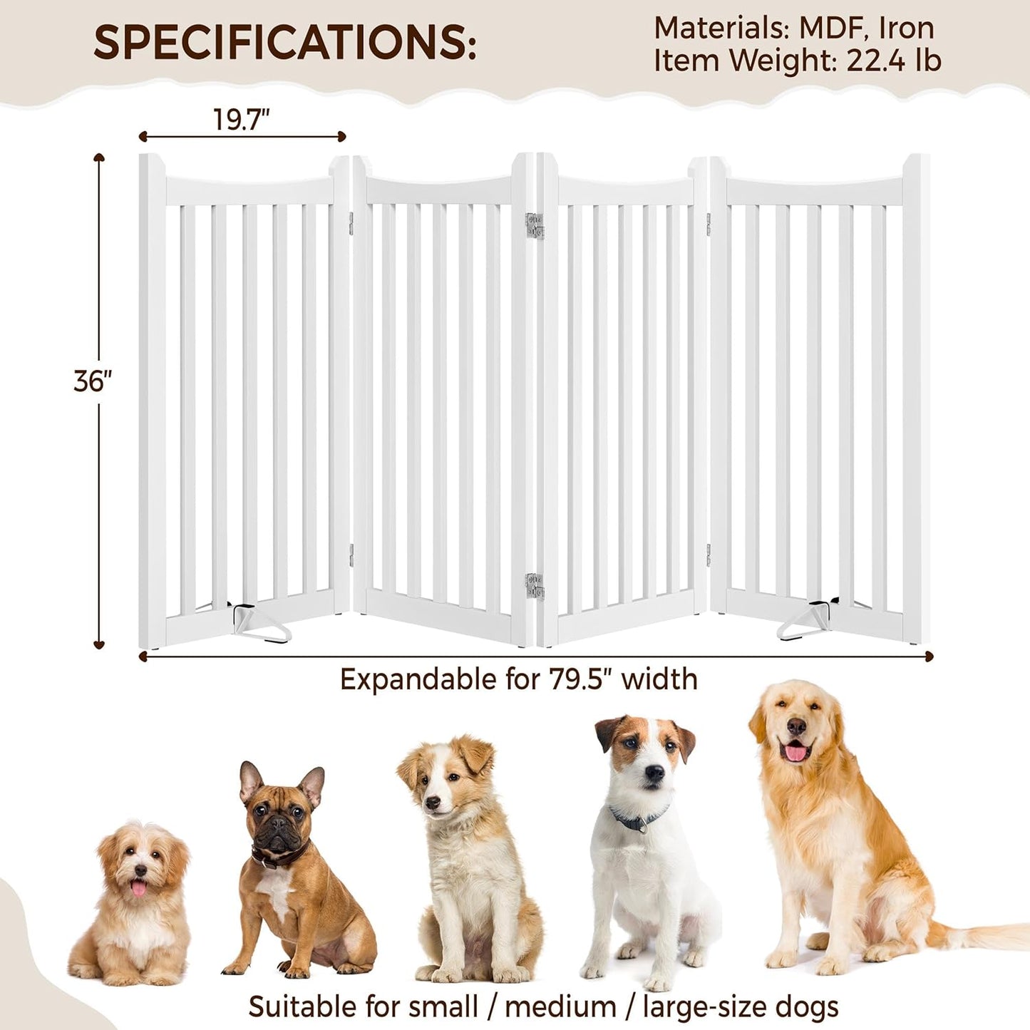 Yaheetech 36" H Extra Tall Freestanding Pet Gate 4-Panel Wooden Dog Fence with 2 Support Feet Folding Dog Gate for Indoor, Stairs, Doorways, Halls, Kitchen Wooden Pet Barrier White, 79.5" L x 36" H