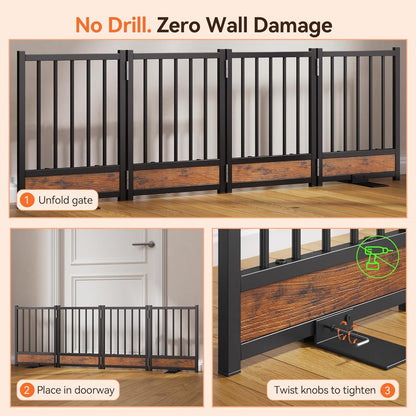 Dog Gate for Small Dogs, 48" No Drill Foldable Reinforced Base Pet Fence, Heavy Duty Step-Over Doorway Puppy Barrier, Anti-Tip Metal Frame, Supports 200+ lbs, Black